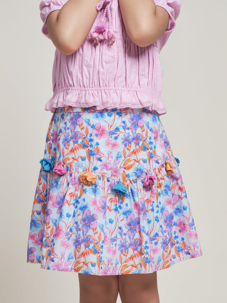 Elsa Cotton Printed Cambric Girls Skirt - Blue Flower Skirt The Tribe Kids   