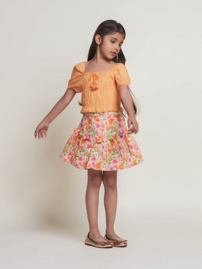 Elsa Cotton Printed Cambric Girls Skirt - Orange Flower Skirt The Tribe Kids   