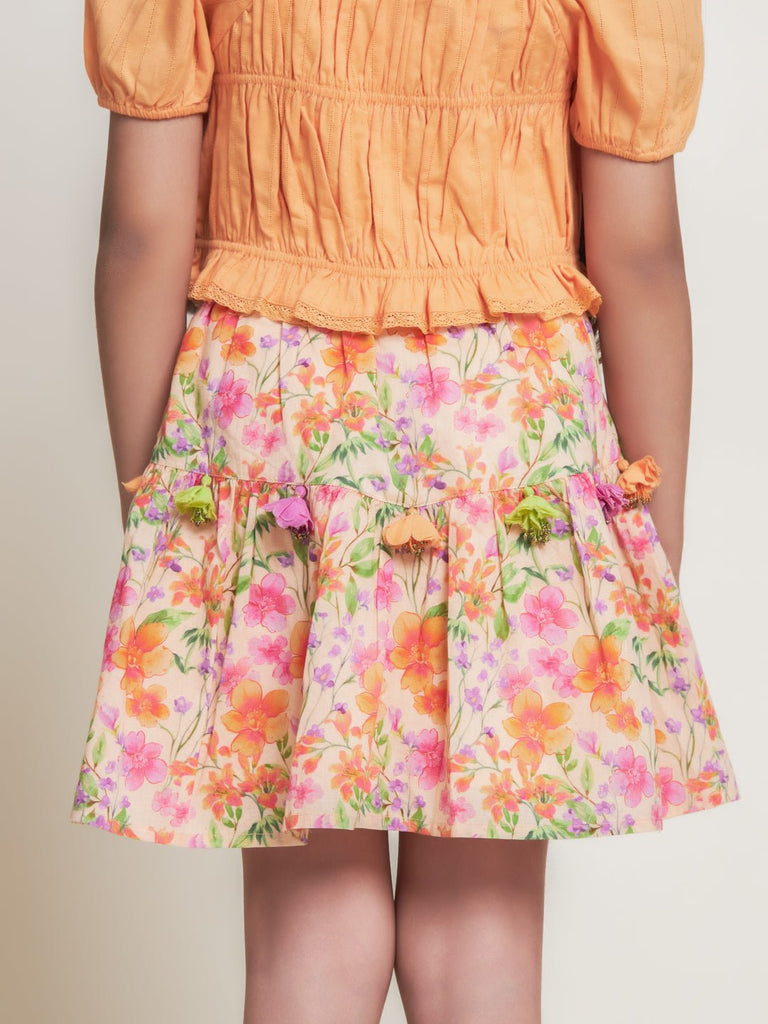 Elsa Cotton Printed Cambric Girls Skirt - Orange Flower Skirt The Tribe Kids   