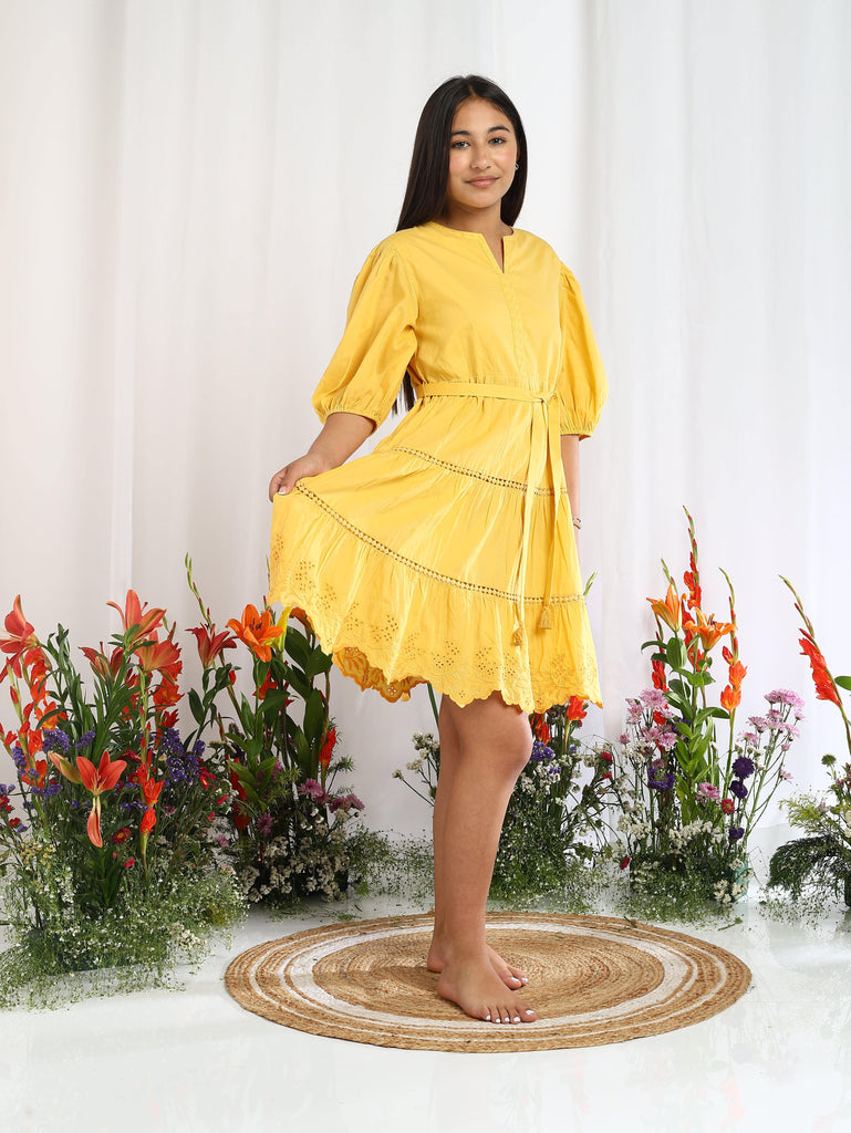 Etoile Puff Sleeves Cotton Girls Embroidered Dress - Mustard Dress The Tribe Kids
