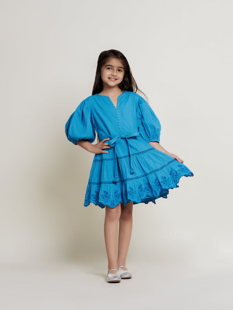 Etoile Puff Sleeves Cotton Slub Girls Dress - Blue Dress The Tribe Kids   