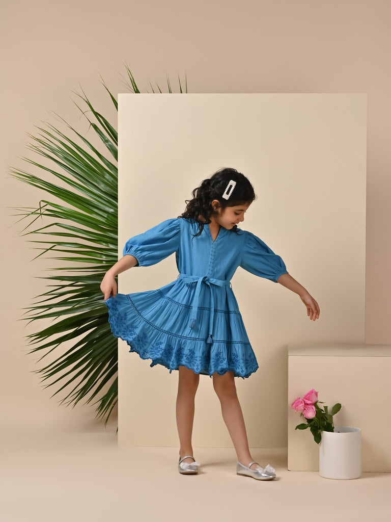 Etoile Puff Sleeves Cotton Slub Girls Dress - Blue Dress The Tribe Kids   