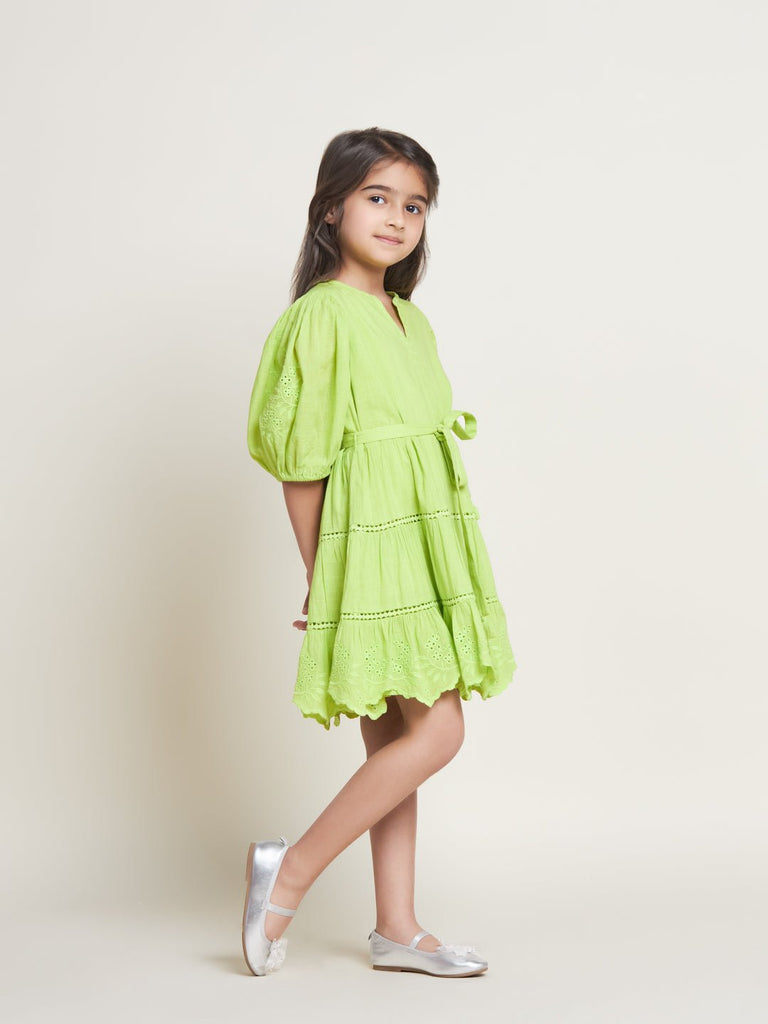 Etoile Puff Sleeves Cotton Slub Girls Dress - Green Dress The Tribe Kids   