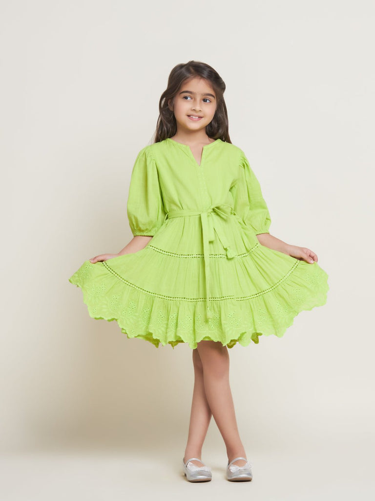 Etoile Puff Sleeves Cotton Slub Girls Dress - Green Dress The Tribe Kids   