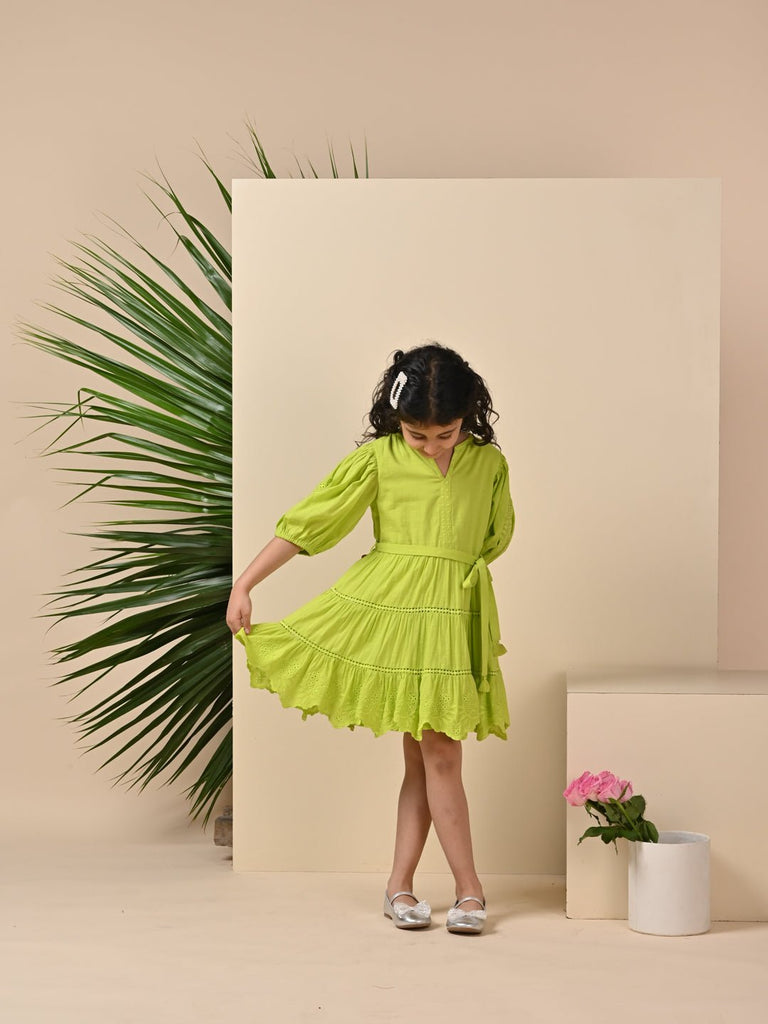 Etoile Puff Sleeves Cotton Slub Girls Dress - Green Dress The Tribe Kids   