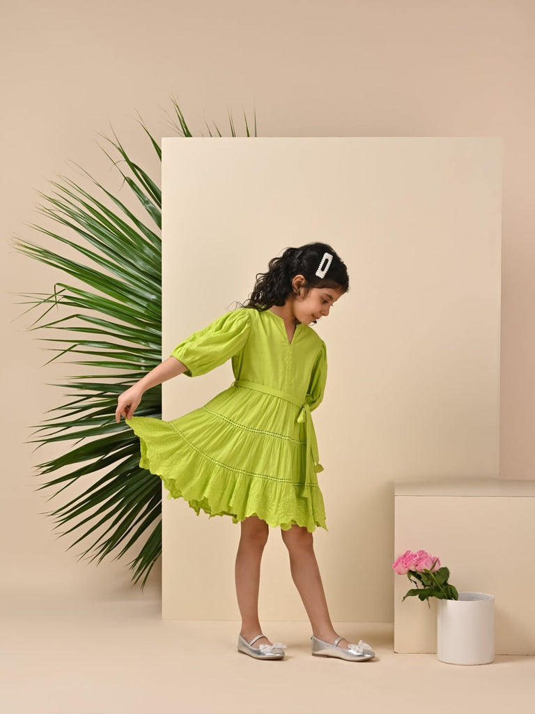Etoile Puff Sleeves Cotton Slub Girls Dress - Green Dress The Tribe Kids   