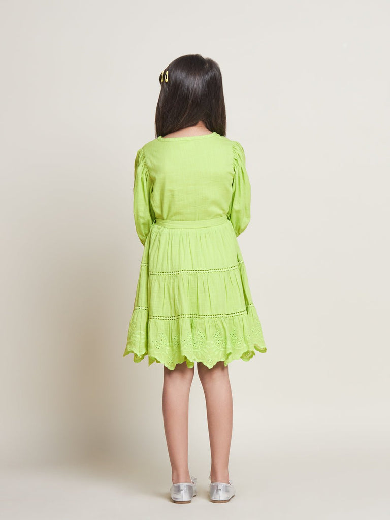 Etoile Puff Sleeves Cotton Slub Girls Dress - Green Dress The Tribe Kids   