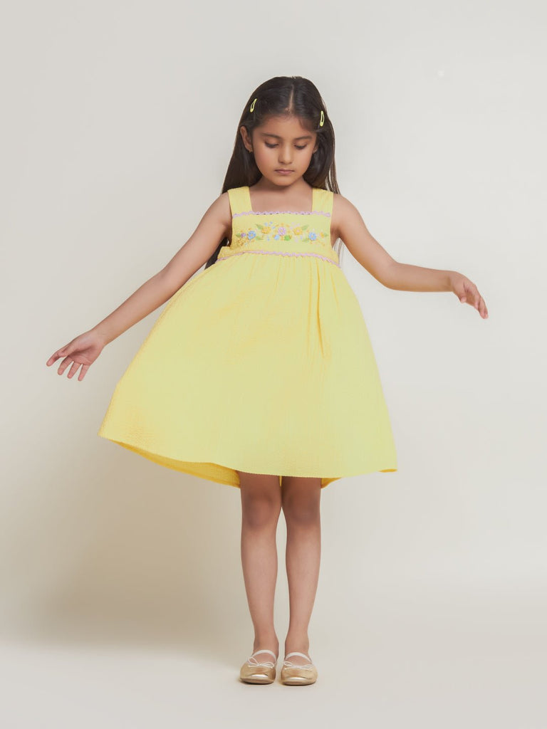 Fabi Sleeveless Flower Embroidered Cotton Girls Dress - Yellow Dress The Tribe Kids   