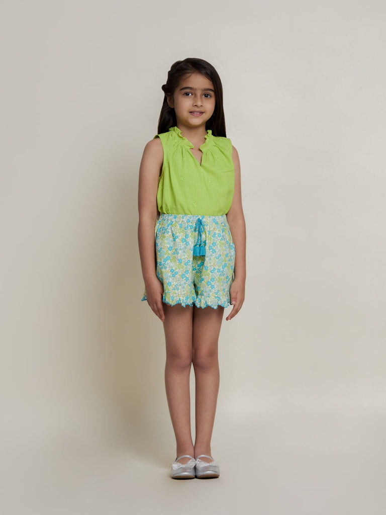 Feather Cotton Printed Cambric Girls Shorts - Green Flower Short The Tribe Kids   