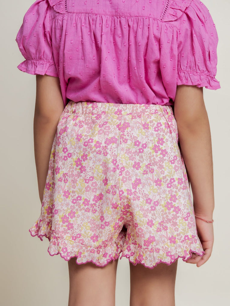 Feather Cotton Printed Cambric Girls Shorts - Pink Flower Short The Tribe Kids   