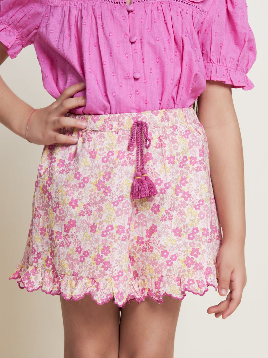 Buy Feather Cotton Printed Cambric Girls Shorts Pink Flower