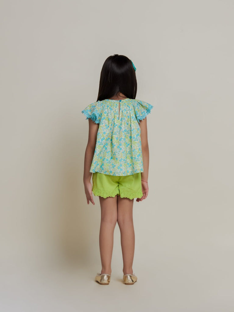 Fefa Cambric Print Flared Fit Girls Top - Green Flower Top The Tribe Kids   