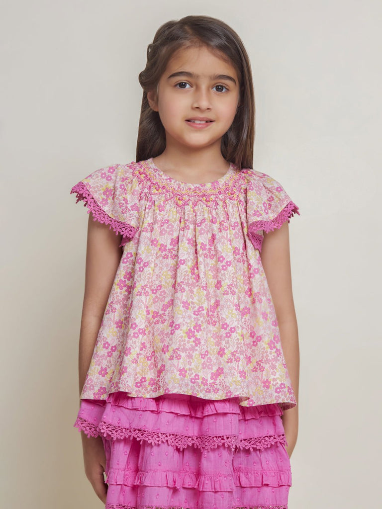 Fefa Cambric Print Flared Fit Girls Top - Pink Flower Top The Tribe Kids   