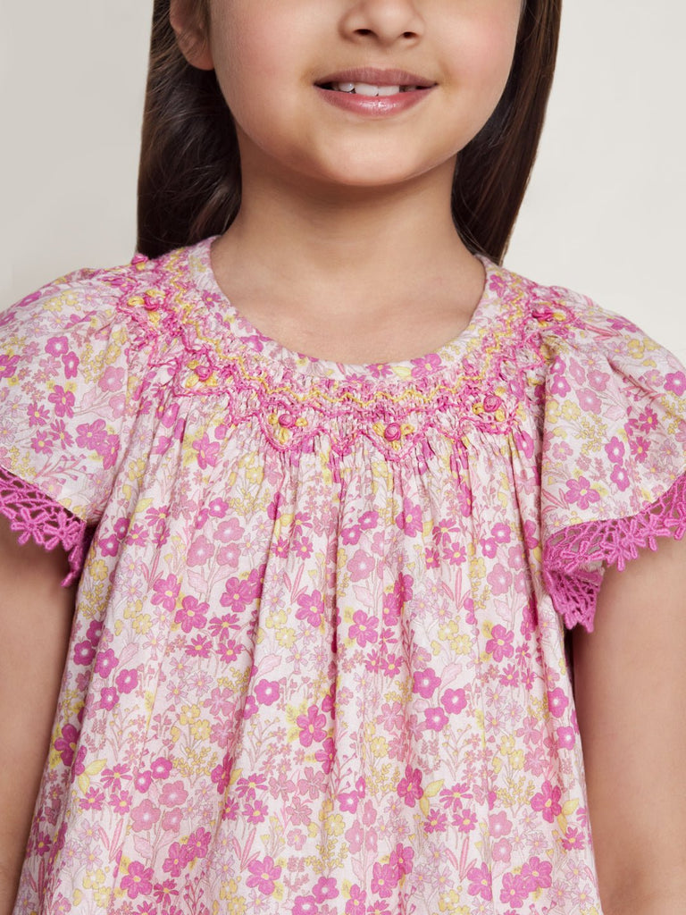 Fefa Cambric Print Flared Fit Girls Top - Pink Flower Top The Tribe Kids   