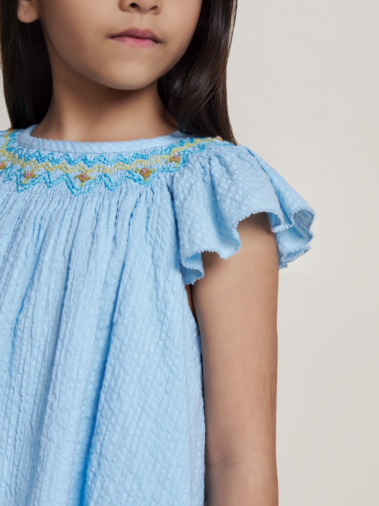 Fefa Flutter Sleeveless Embroided Cotton Girls Top - Light Blue Top The Tribe Kids   