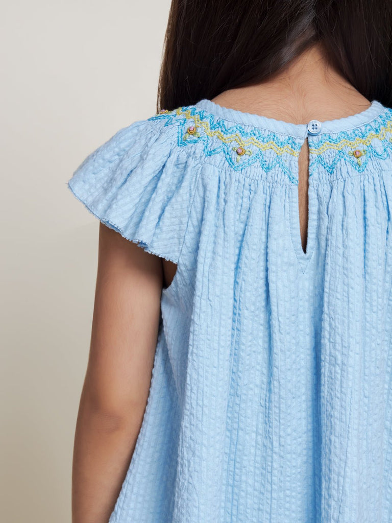 Fefa Flutter Sleeveless Embroided Cotton Girls Top - Light Blue Top The Tribe Kids   