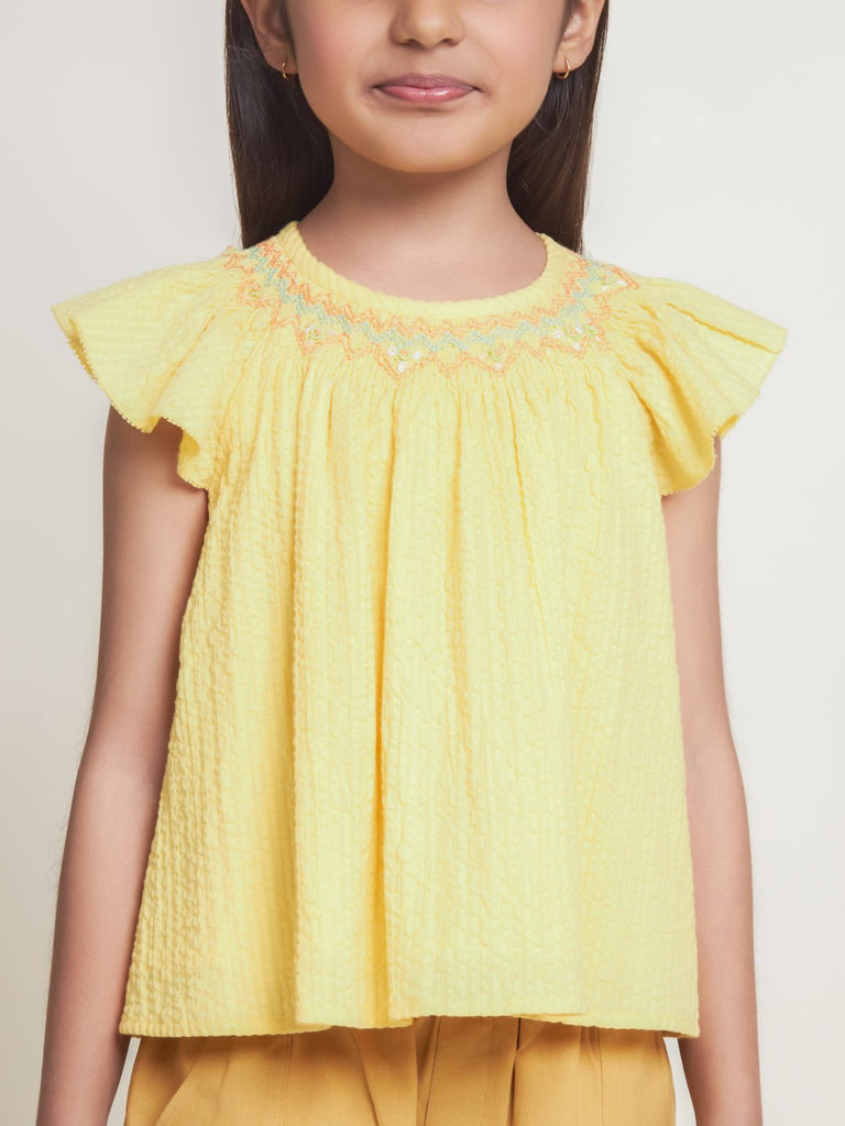 Fefa Flutter Sleeveless Embroided Cotton Girls Top - Yellow Top The Tribe Kids   