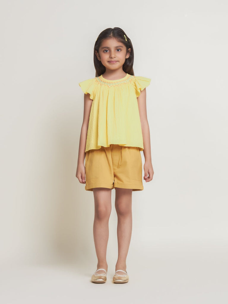 Fefa Flutter Sleeveless Embroided Cotton Girls Top - Yellow Top The Tribe Kids   