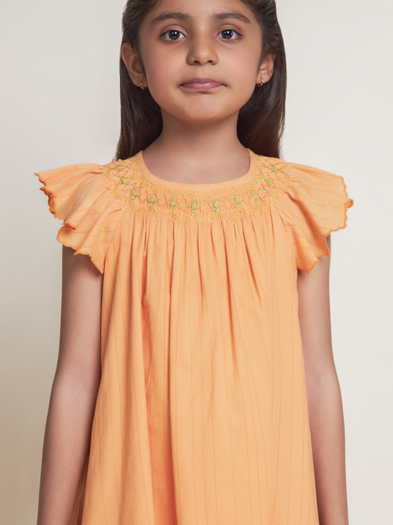 Fefi Flutter Sleeveless Embroided Cotton Girls Dress - Peach Dress The Tribe Kids   