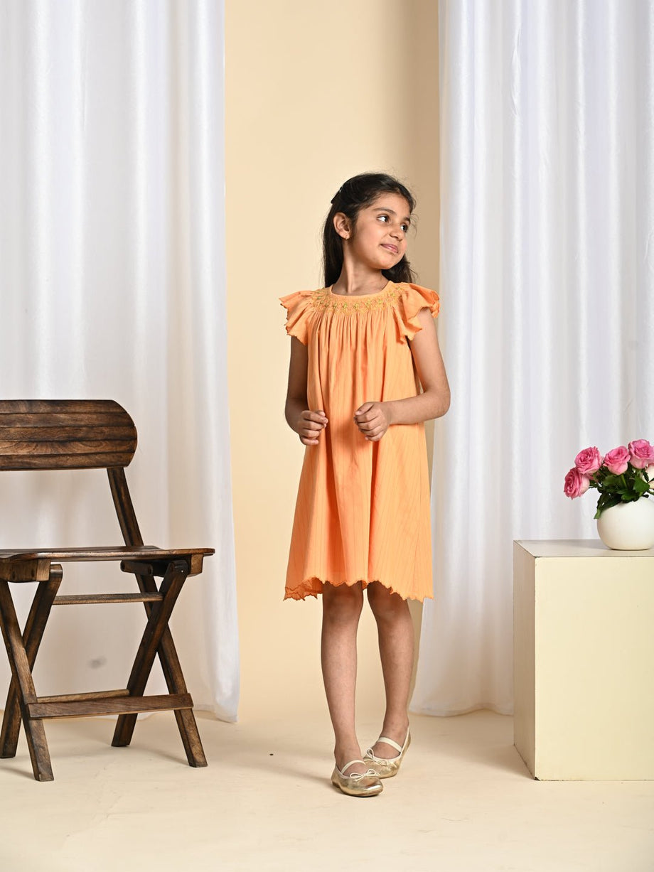 Buy Fefi Flutter Sleeveless Embroided Cotton Girls Dress - Peach