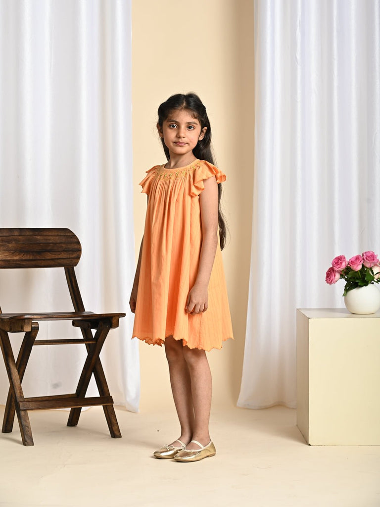 Fefi Flutter Sleeveless Embroided Cotton Girls Dress - Peach Dress The Tribe Kids   