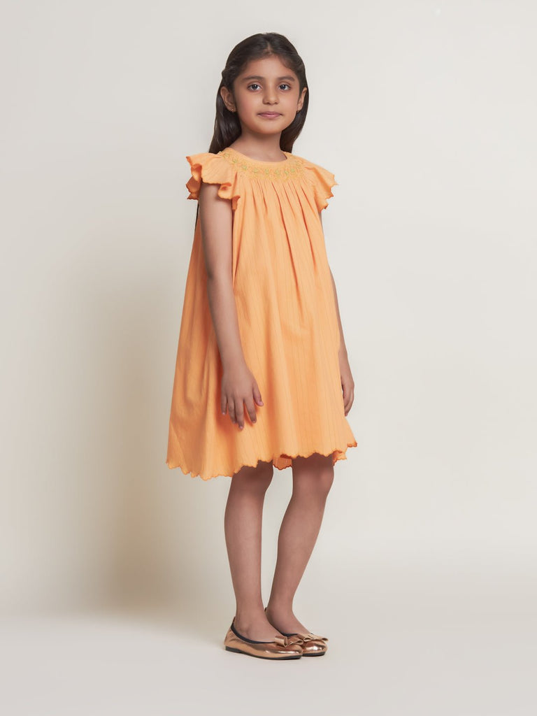 Fefi Flutter Sleeveless Embroided Cotton Girls Dress - Peach Dress The Tribe Kids   