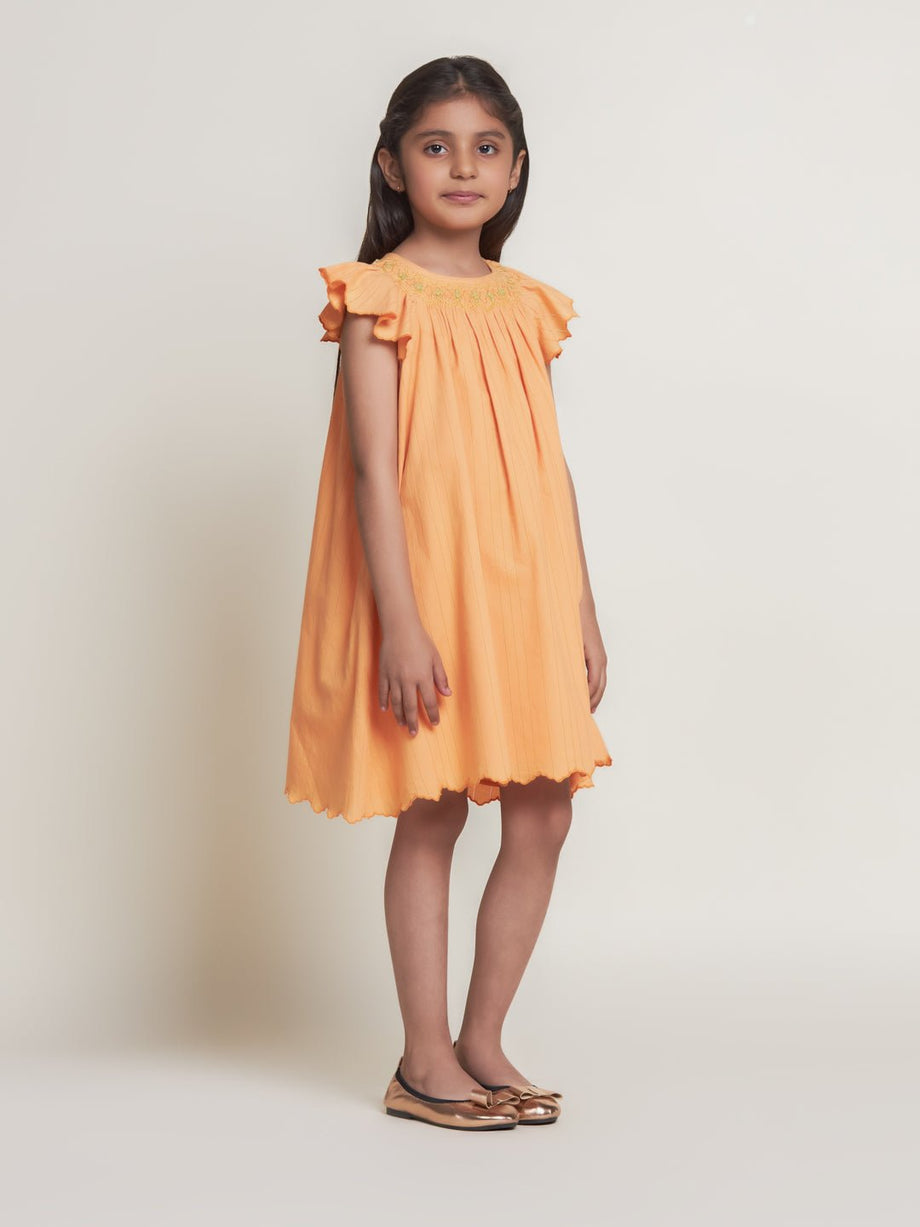 Buy Fefi Flutter Sleeveless Embroided Cotton Girls Dress - Peach