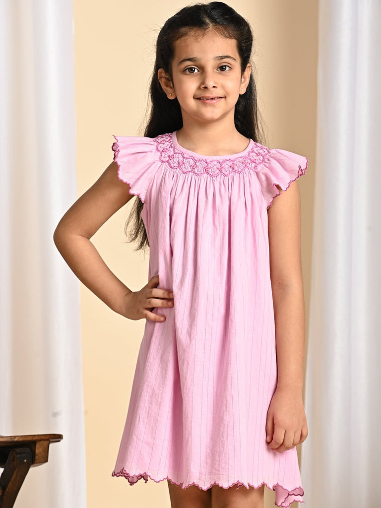 Fefi Flutter Sleeveless Embroided Cotton Girls Dress - Pink Dress The Tribe Kids   