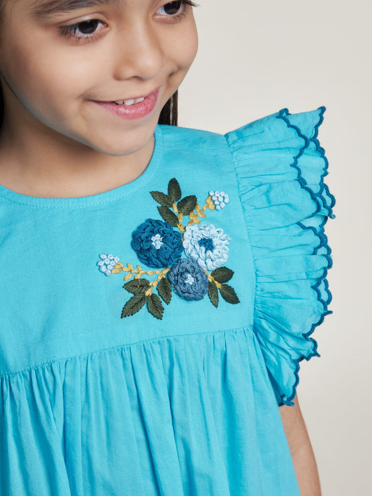 Fiorella Handmade Flower Embroidery Cotton Girls Top - Blue Top The Tribe Kids   