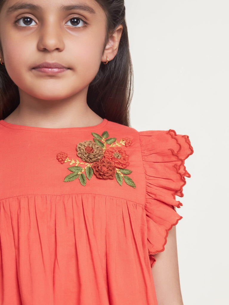 Fiorella Handmade Flower Embroidery Cotton Girls Top - Orange Top The Tribe Kids   