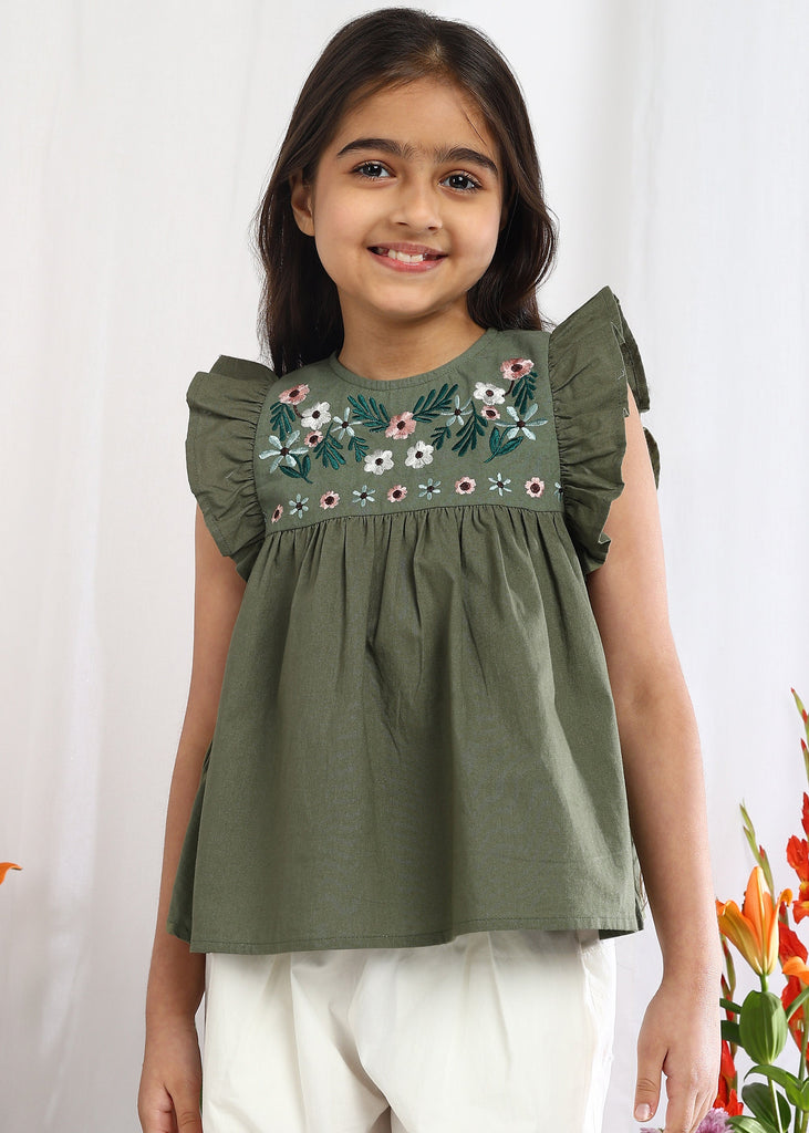 Forest Girls Green Floral Embroidered Cotton Top Top The Tribe Kids