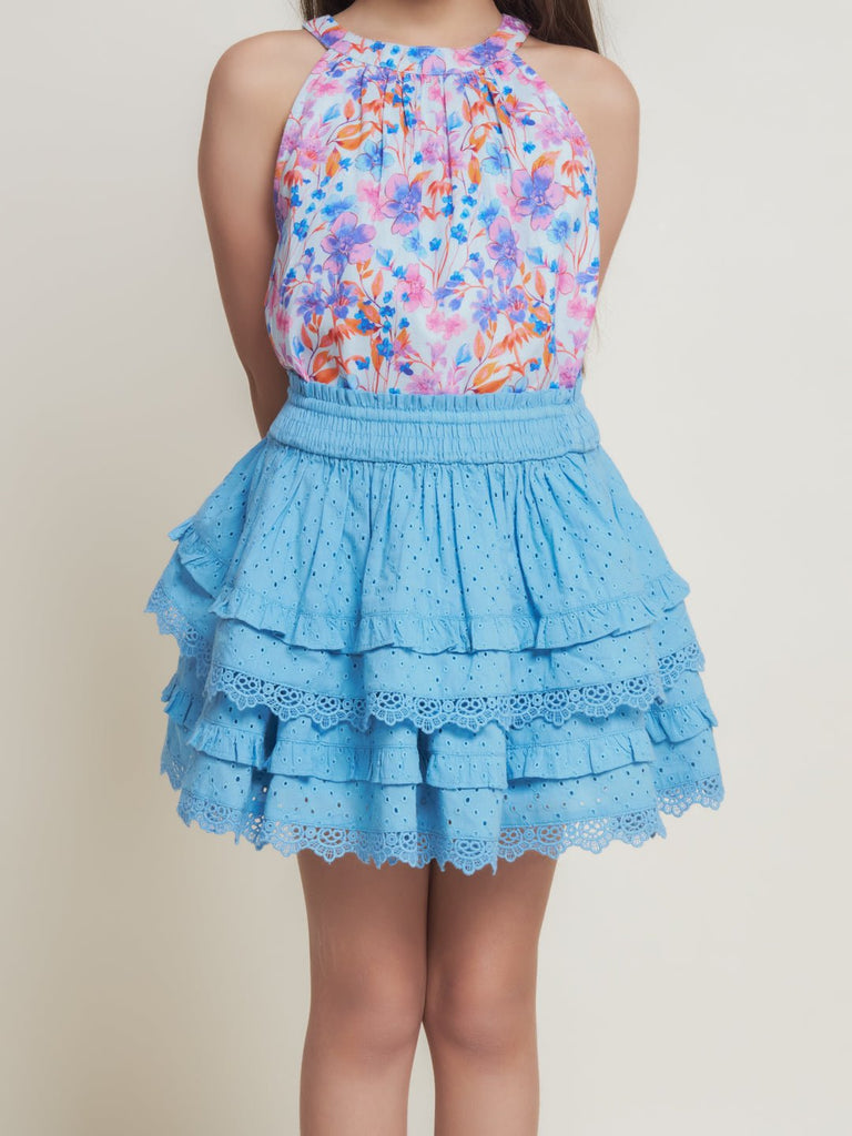 Giny Schiffli Cotton Girls Skirt - Blue Flower Skirt The Tribe Kids   