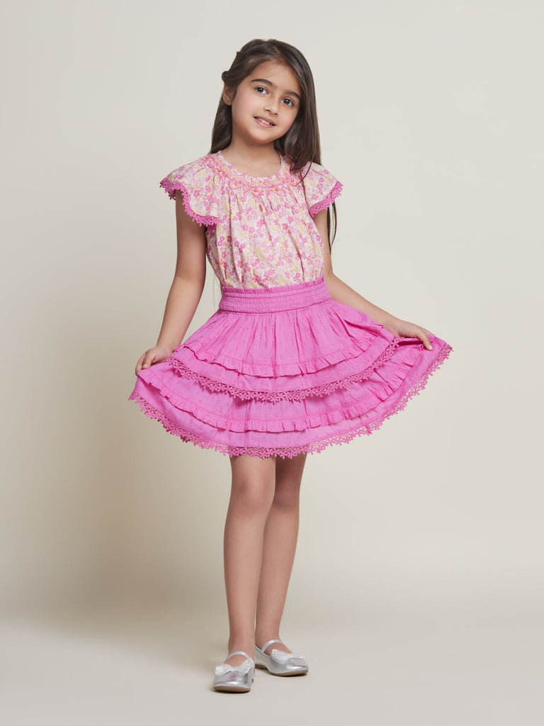 Giny Schiffli Cotton Girls Skirt - Pink Flower Skirt The Tribe Kids   