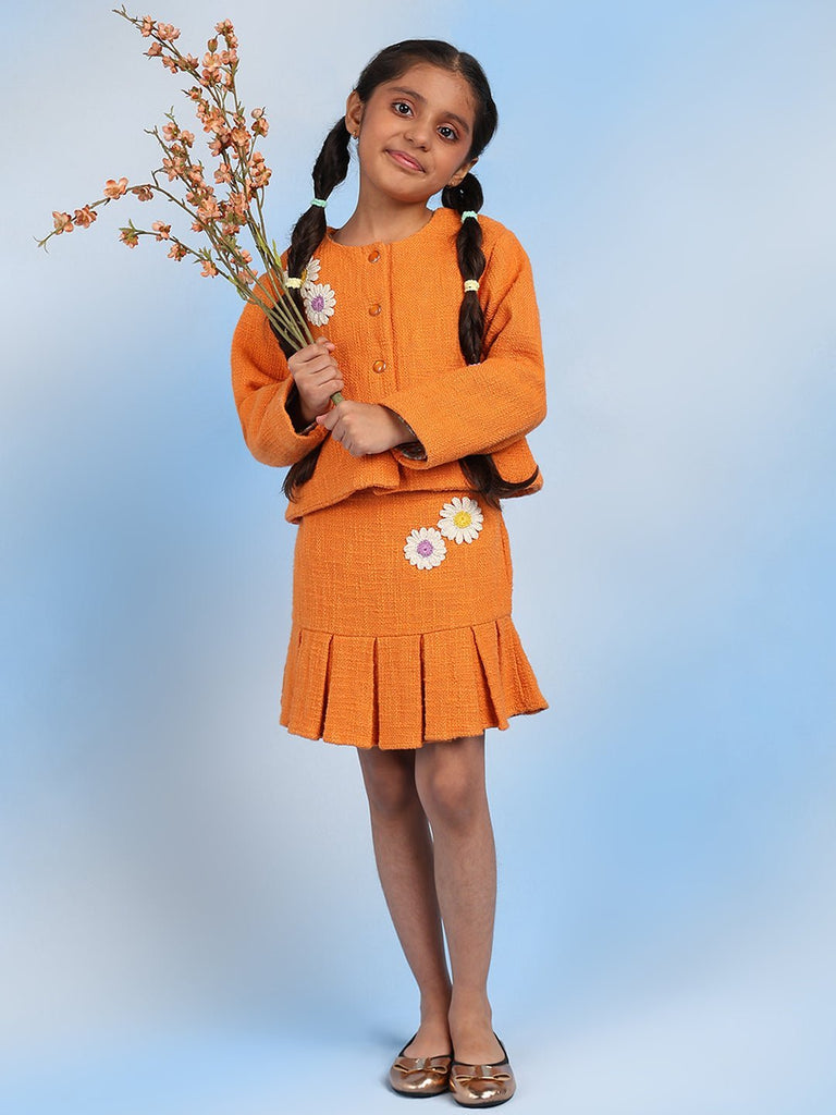 Girls Orange Solid Causal Jacket With Skirt Co-ord Set Set The Tribe Kids