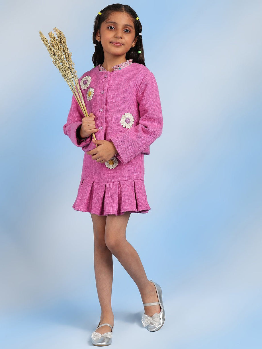 Buy Girls Pink Solid Causal Jacket With Skirt Co-ord Set Online