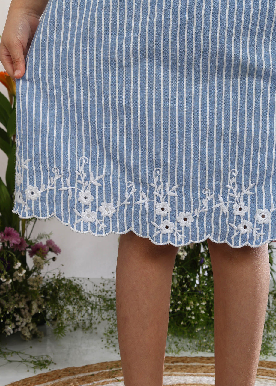 Buy Grace Blue Striped Cotton A-Line Embroidered Dress Online