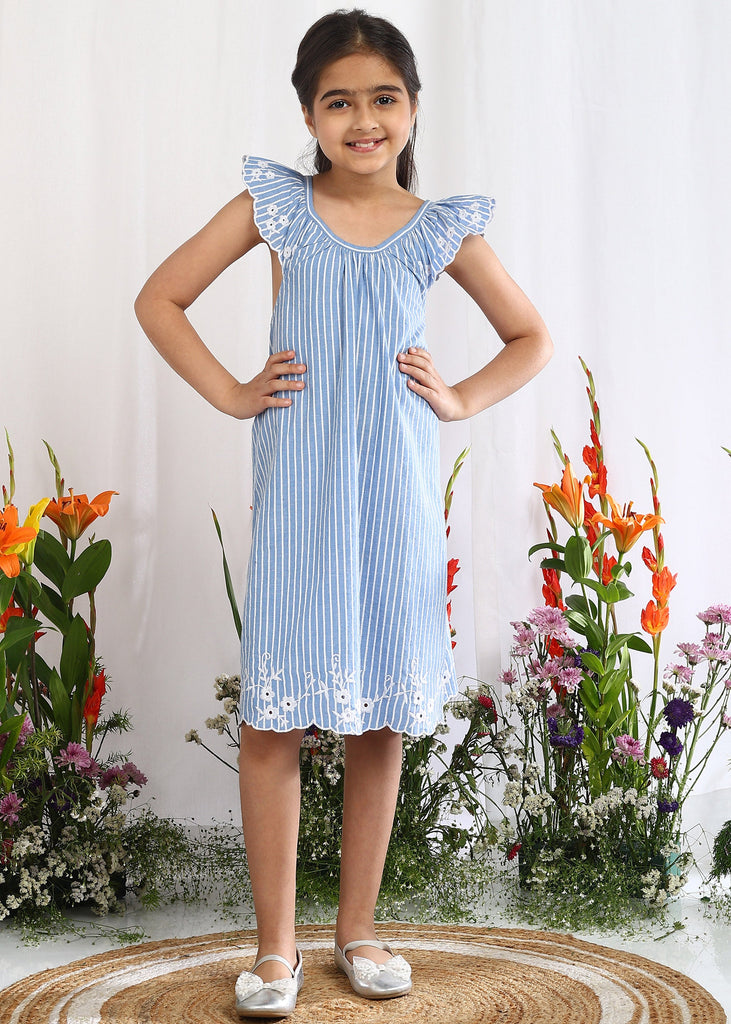 Grace Blue Striped Cotton A-Line Embroidered Dress Dress The Tribe Kids