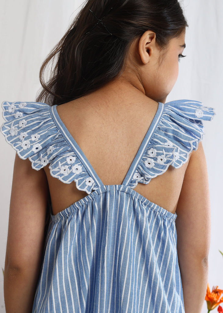 Grace Blue Striped Cotton A-Line Embroidered Dress Dress The Tribe Kids