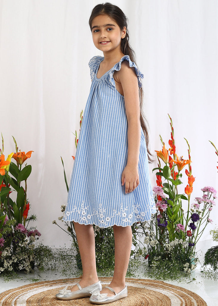 Grace Blue Striped Cotton A-Line Embroidered Dress Dress The Tribe Kids