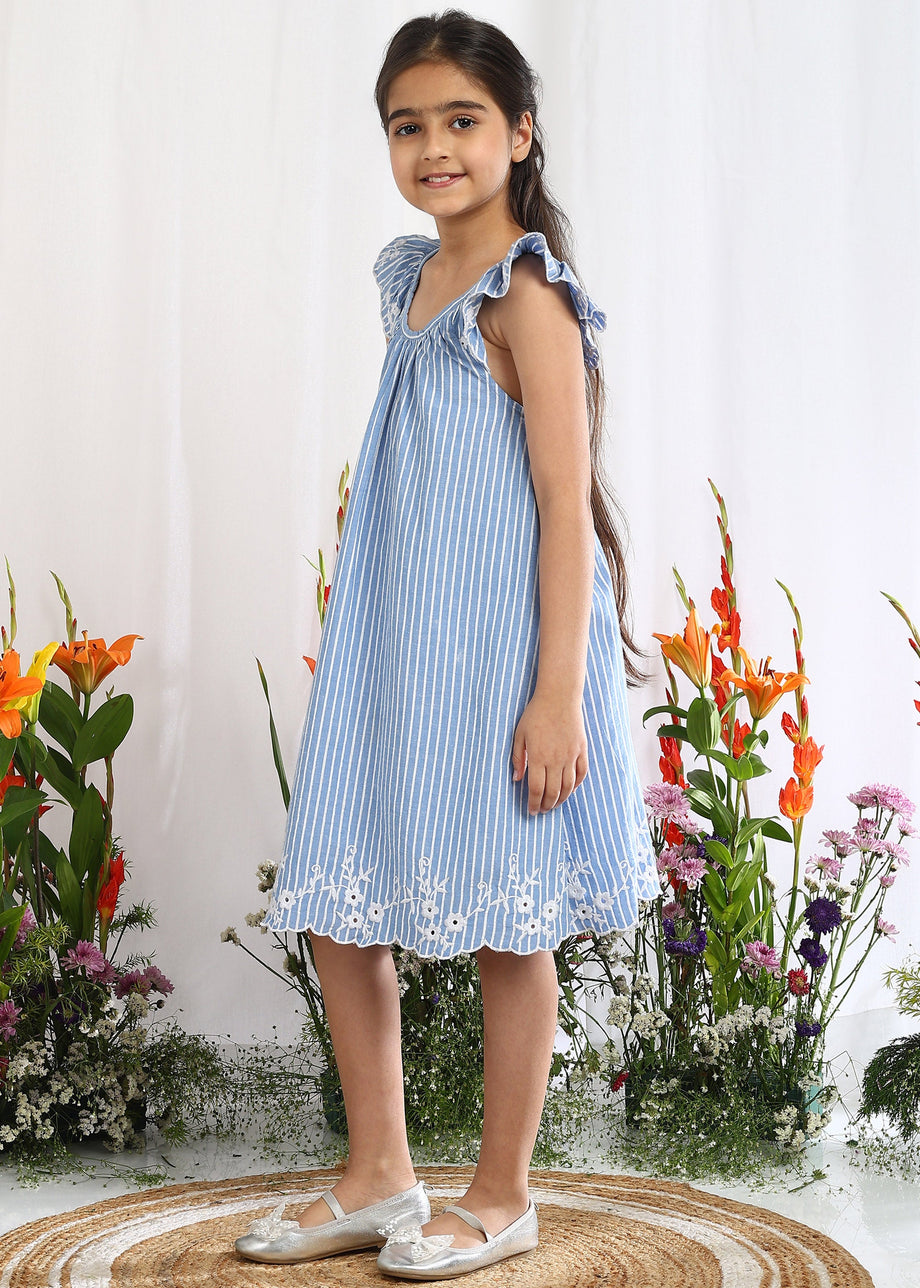 Buy Grace Blue Striped Cotton A-Line Embroidered Dress Online - The Tribe  Kids