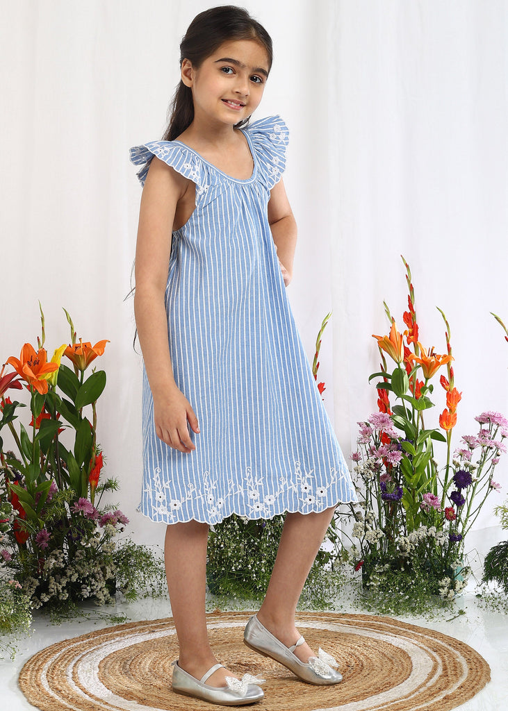 Grace Blue Striped Cotton A-Line Embroidered Dress Dress The Tribe Kids
