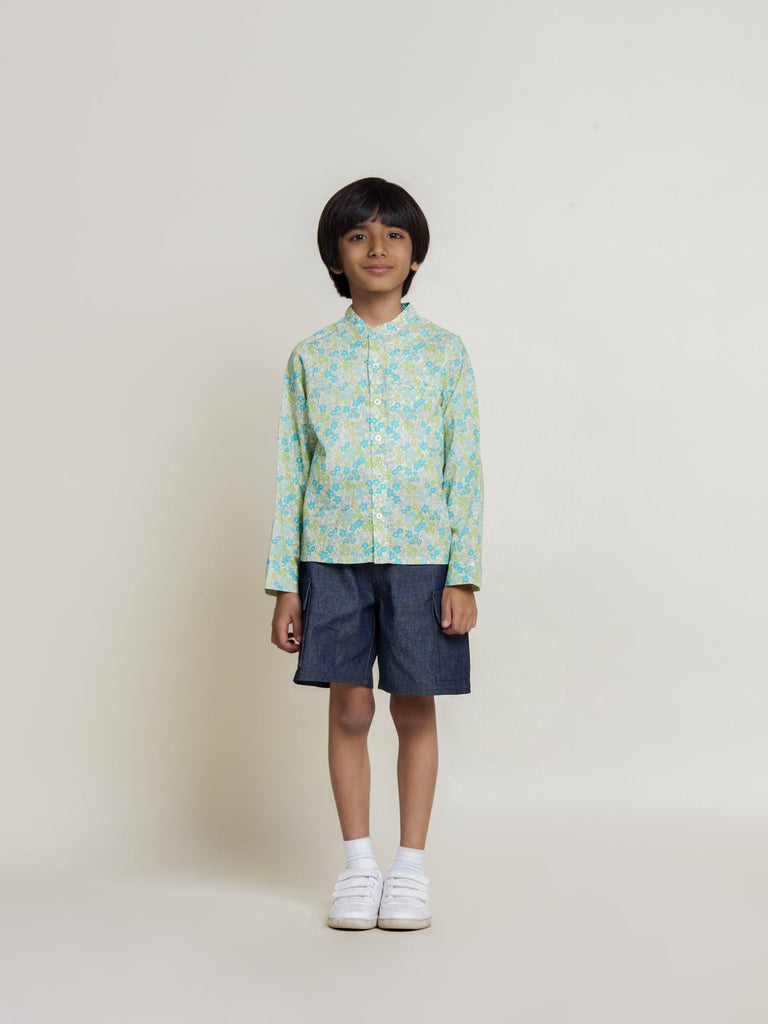 Harry Mandarin Collar Cambric Print Boys Shirt - Green Flower Shirts The Tribe Kids   