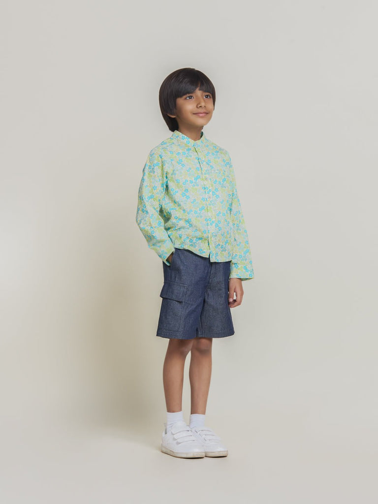 Harry Mandarin Collar Cambric Print Boys Shirt - Green Flower Shirts The Tribe Kids   