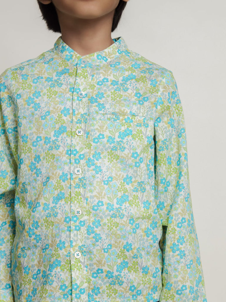 Harry Mandarin Collar Cambric Print Boys Shirt - Green Flower Shirts The Tribe Kids   