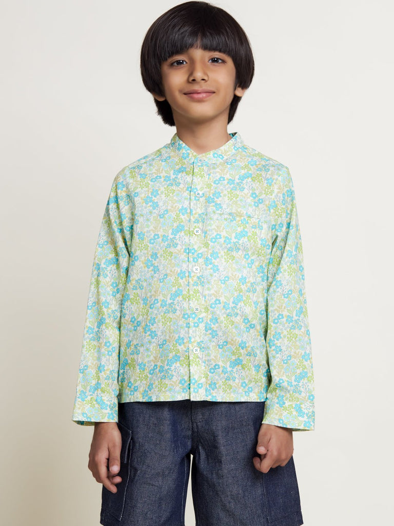 Harry Mandarin Collar Cambric Print Boys Shirt - Green Flower Shirts The Tribe Kids   