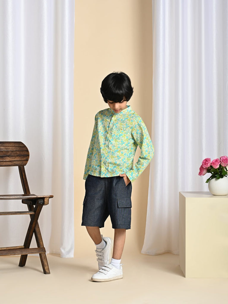 Harry Mandarin Collar Cambric Print Boys Shirt - Green Flower Shirts The Tribe Kids   