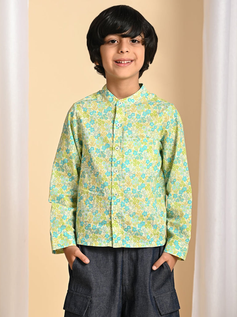 Harry Mandarin Collar Cambric Print Boys Shirt - Green Flower Shirts The Tribe Kids   