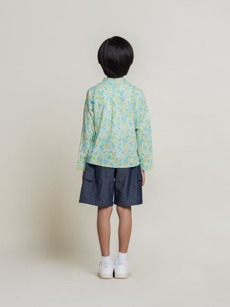 Harry Mandarin Collar Cambric Print Boys Shirt - Green Flower Shirts The Tribe Kids   