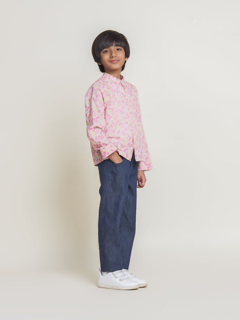 Harry Mandarin Collar Cambric Print Boys Shirt - Pink Flower Shirts The Tribe Kids   