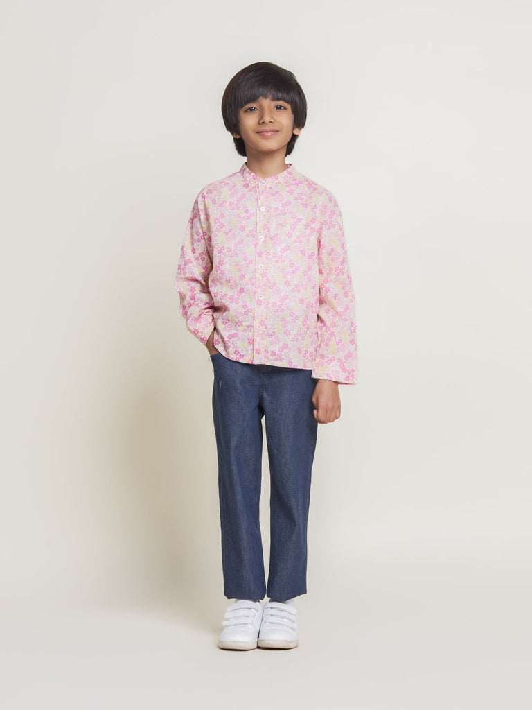Harry Mandarin Collar Cambric Print Boys Shirt - Pink Flower Shirts The Tribe Kids   